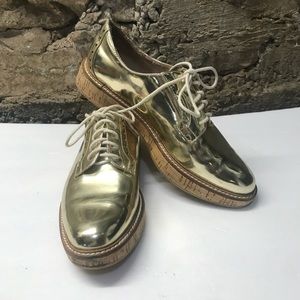 Women’s MANGO Metallic Gold Oxford Shoes Cork Sole EU size 39 USA size 8/8.5